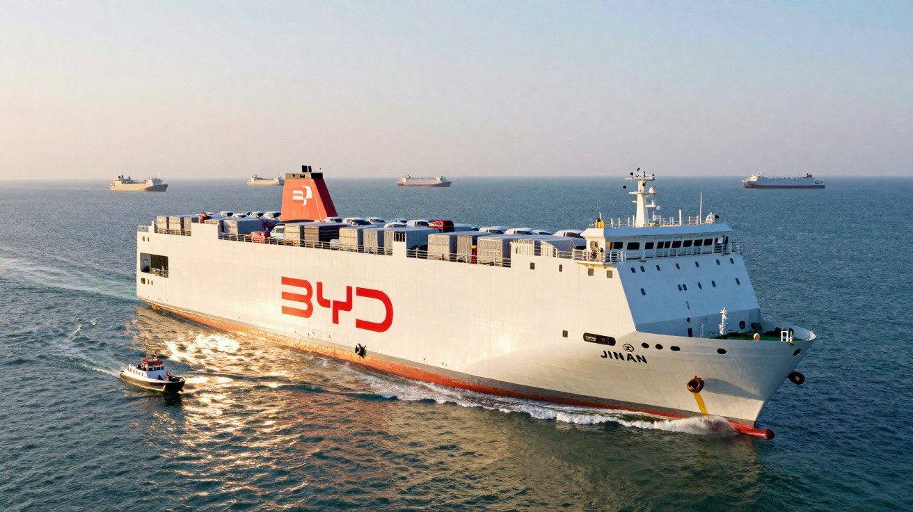 Navio cargueiro BYD Jinan a navegar no mar com várias embarcações ao fundo.
