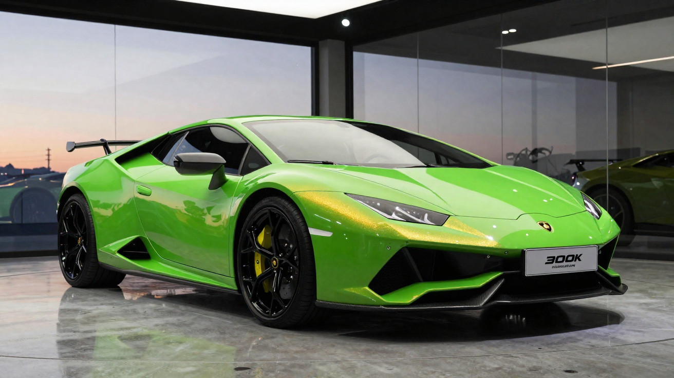 Carro desportivo Lamborghini verde com jantes pretas exibido numa garagem com paredes de vidro ao pôr do sol.