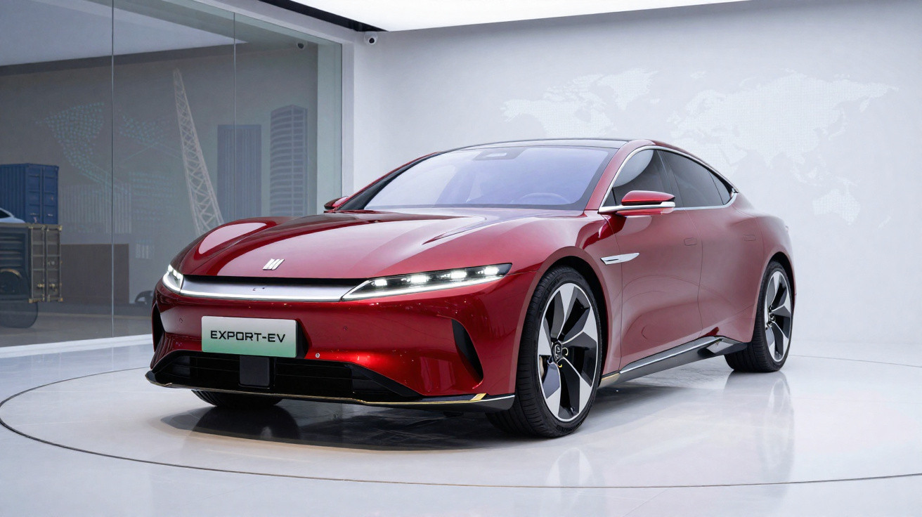 Carro elétrico esportivo vermelho brilhante exibido em ambiente tecnológico futurista.