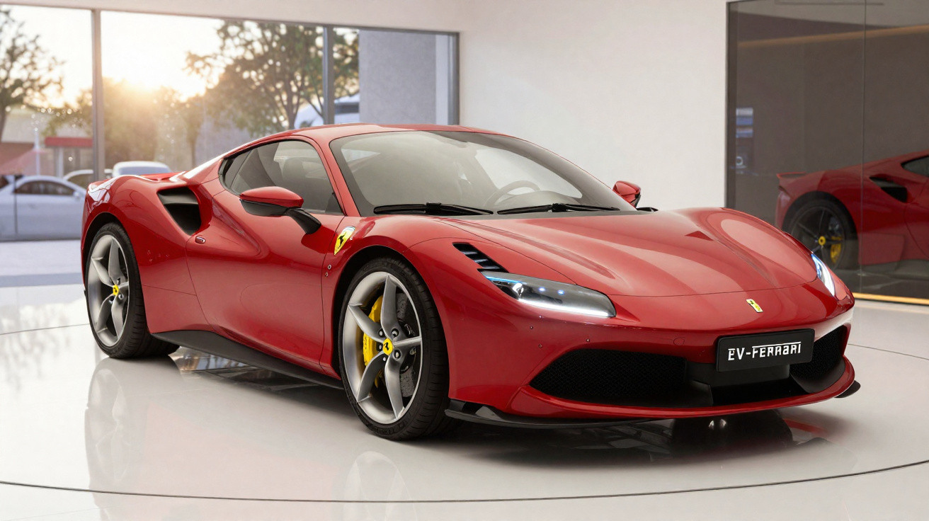 Carro desportivo vermelho Ferrari EV exposto em showroom com detalhes em amarelo nas jantes.