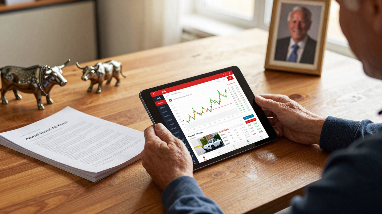 Pessoa idosa segurando um tablet com gráficos financeiros, perto de estatuetas de touro e urso e documentos numa mesa de made