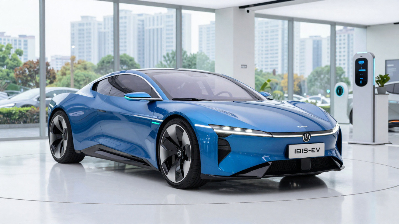 Carro elétrico desportivo azul modelo IBIS-EV em exposição numa sala com janelas grandes e carregadores elétricos.