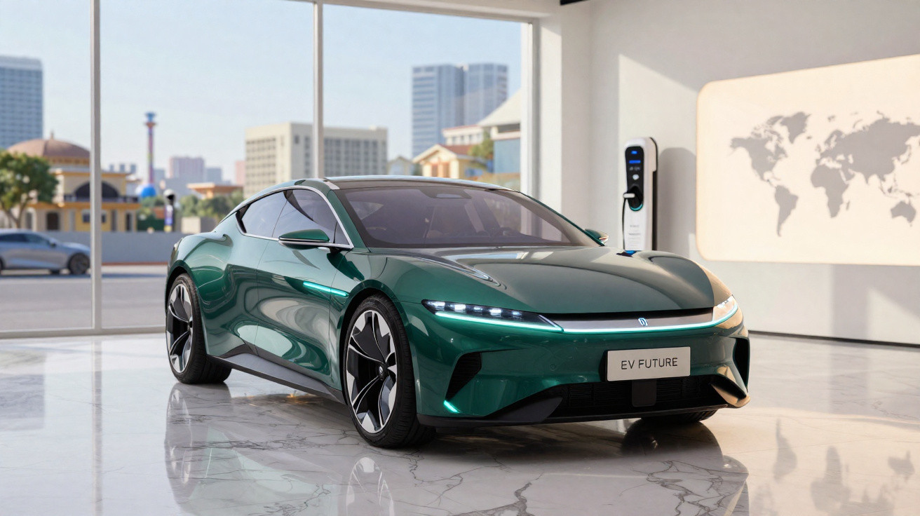 Carro elétrico desportivo verde estacionado numa garagem moderna com carregador e mapa mundi na parede.