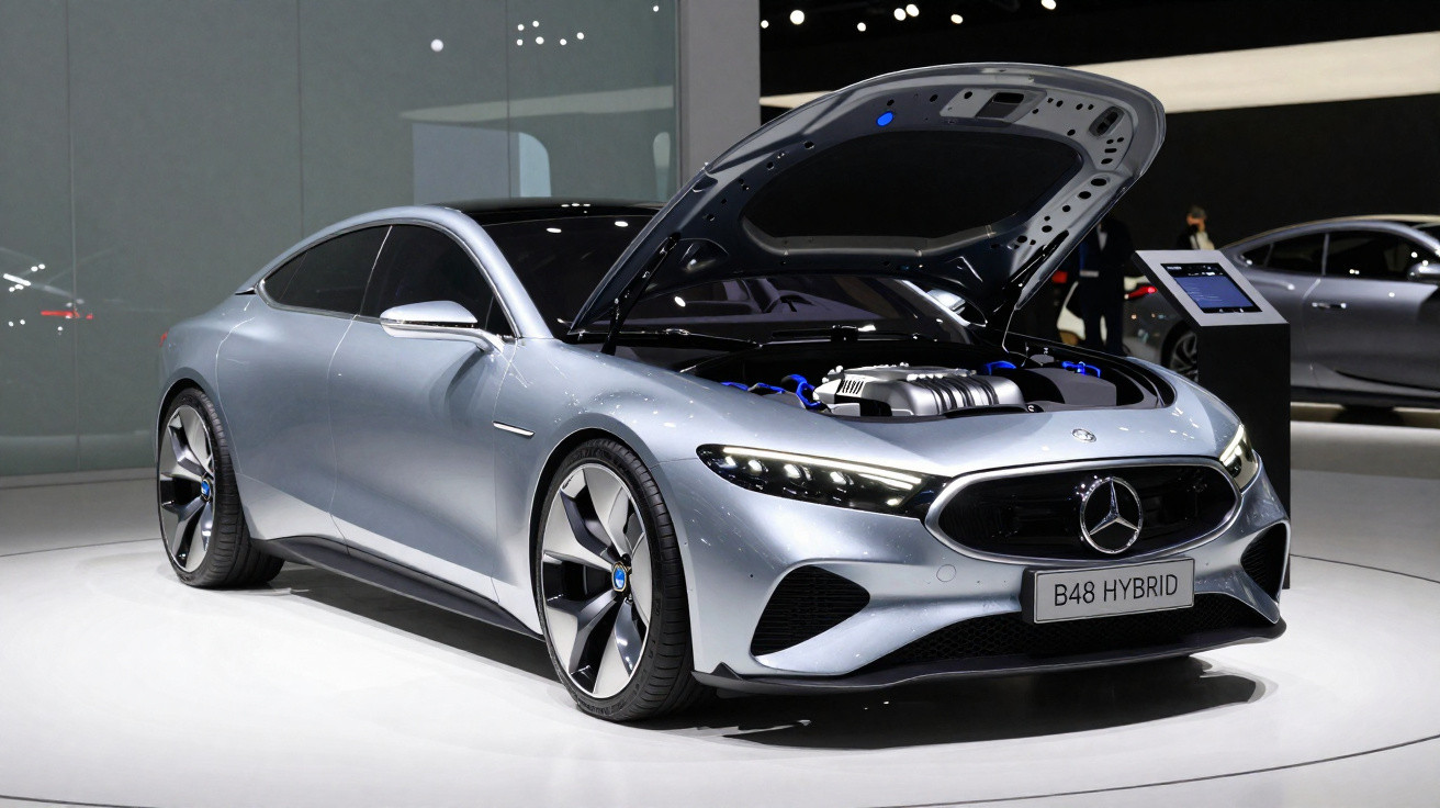 Carro desportivo Mercedes-Benz cinzento com capot aberto, exposto numa feira automóvel.