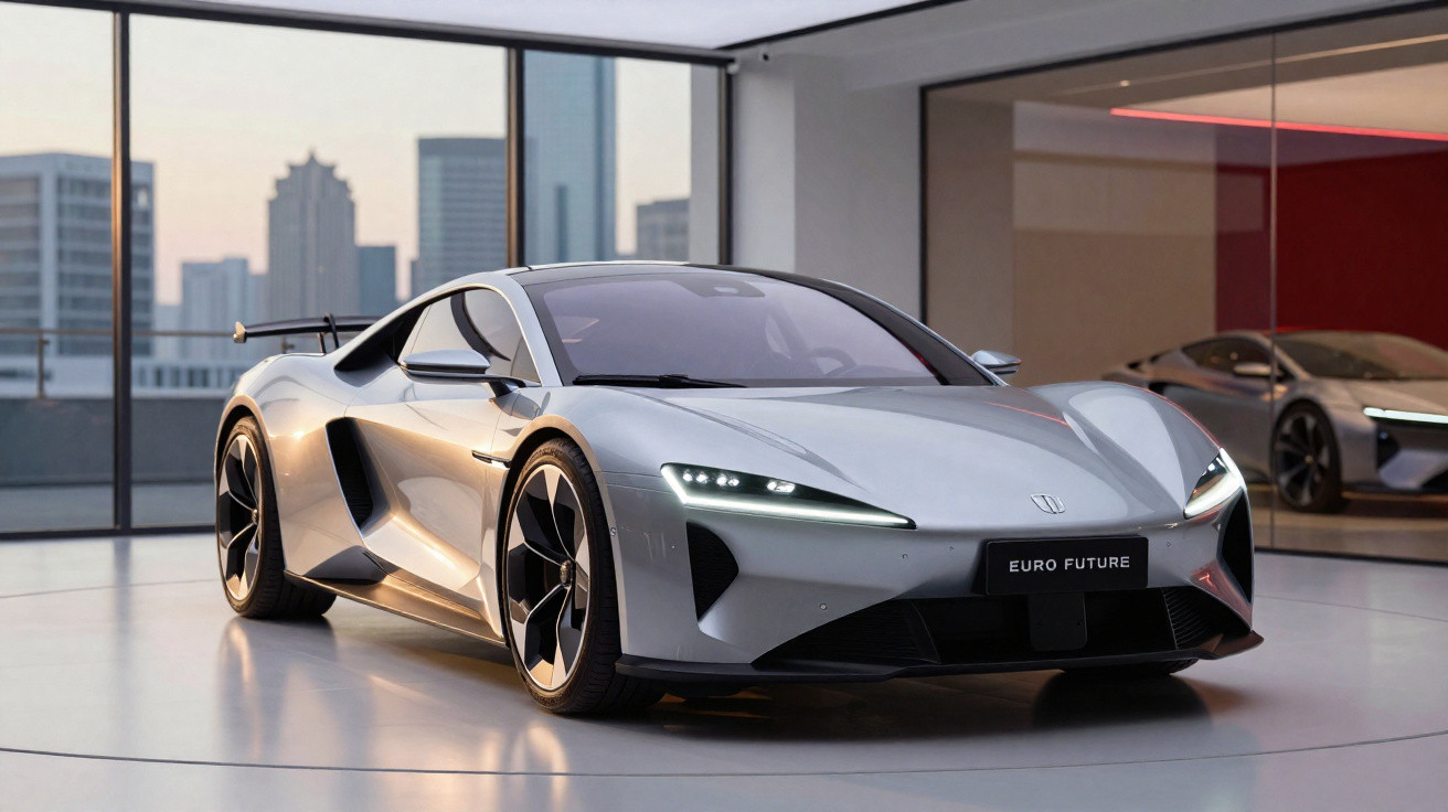 Carro desportivo elétrico prateado estacionado num showroom moderno com vista para a cidade ao fundo.