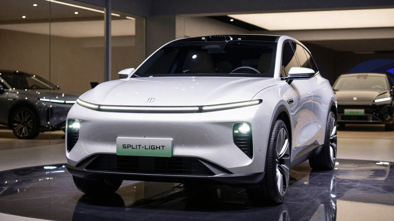 Carro elétrico branco Split-Light exibido em sala de exposição moderna com iluminação ambiente.