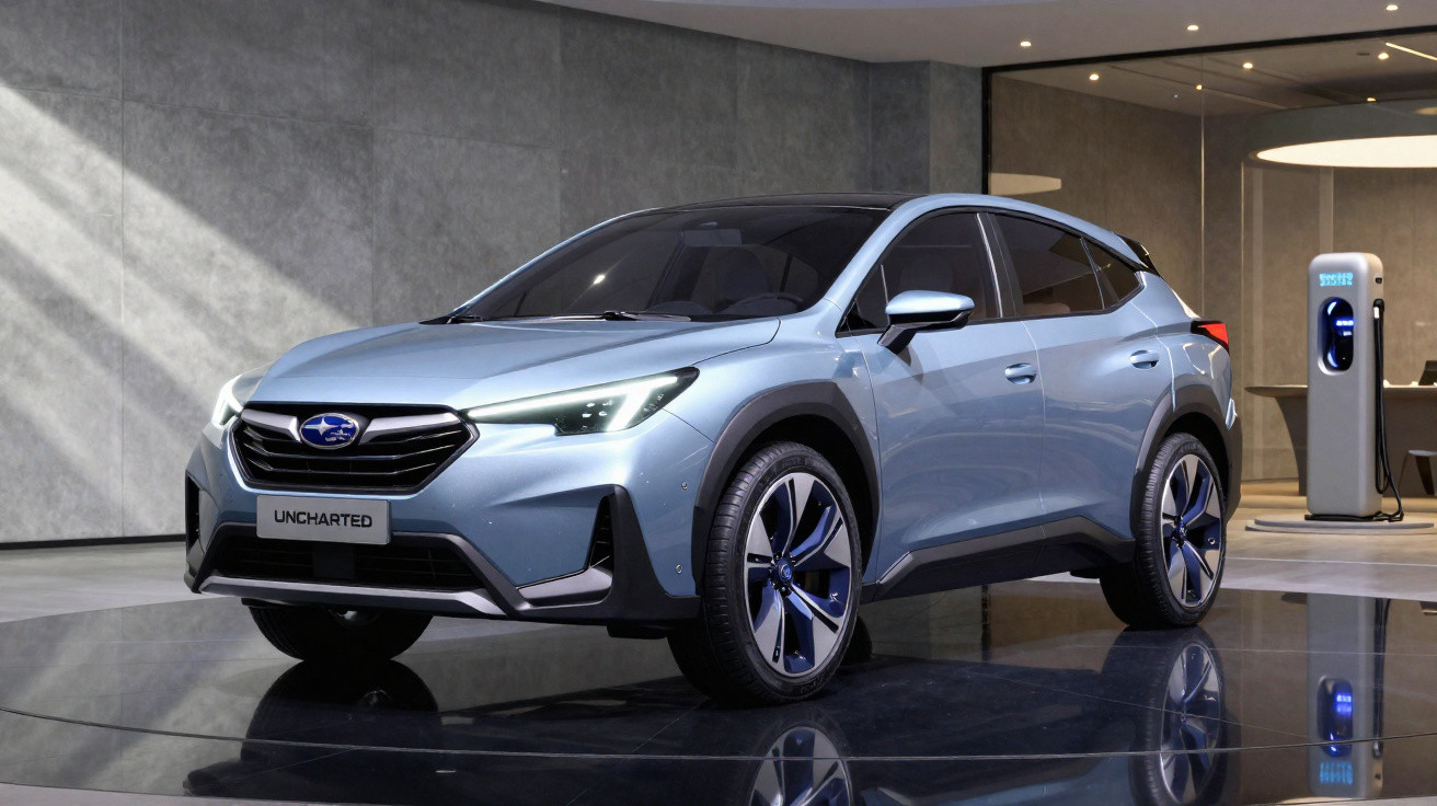 Carro elétrico Subaru Uncharted azul exibido em showroom moderno com piso reflexivo e estação de carregamento.
