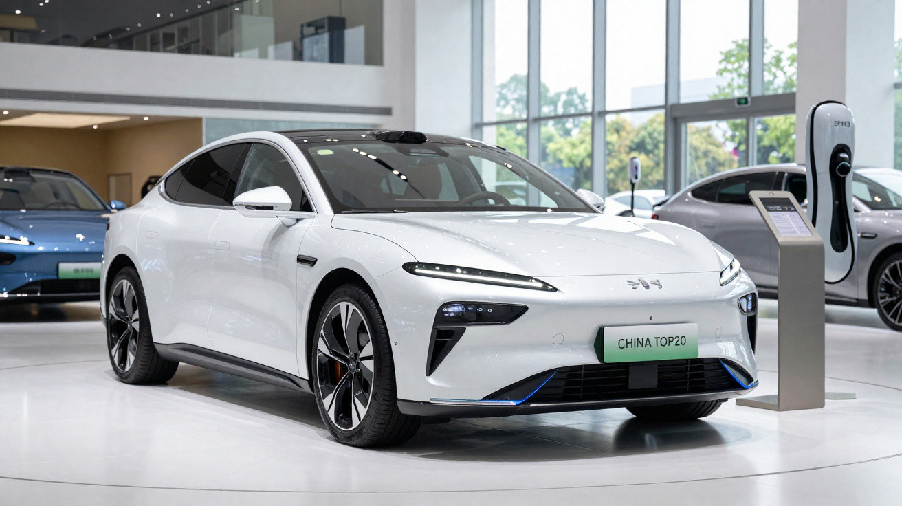 Carro elétrico branco em exposição numa sala moderna com outras viaturas ao fundo.