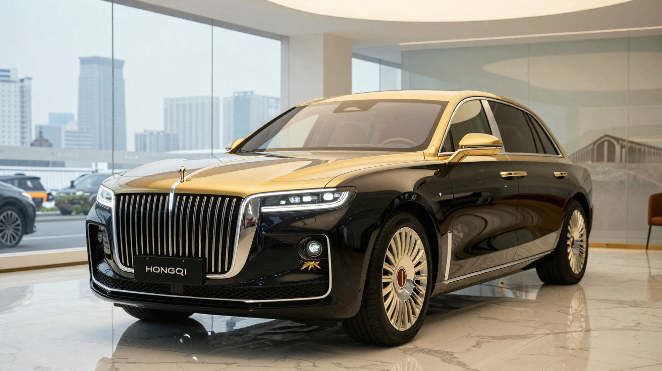 Carro de luxo preto e dourado da marca Hongqi, estacionado em interior moderno com chão de mármore.