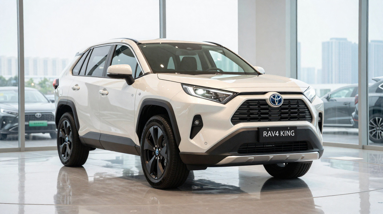 Carro Toyota RAV4 King branco exposto em salão com janelas panorâmicas e outros veículos ao fundo.