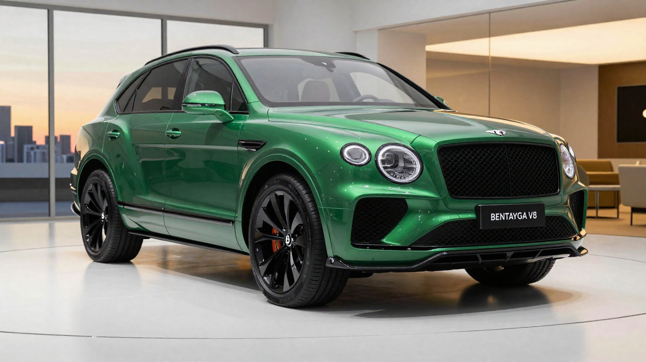 SUV Bentley Bentayga verde metálico com jantes pretas em showroom luminoso.