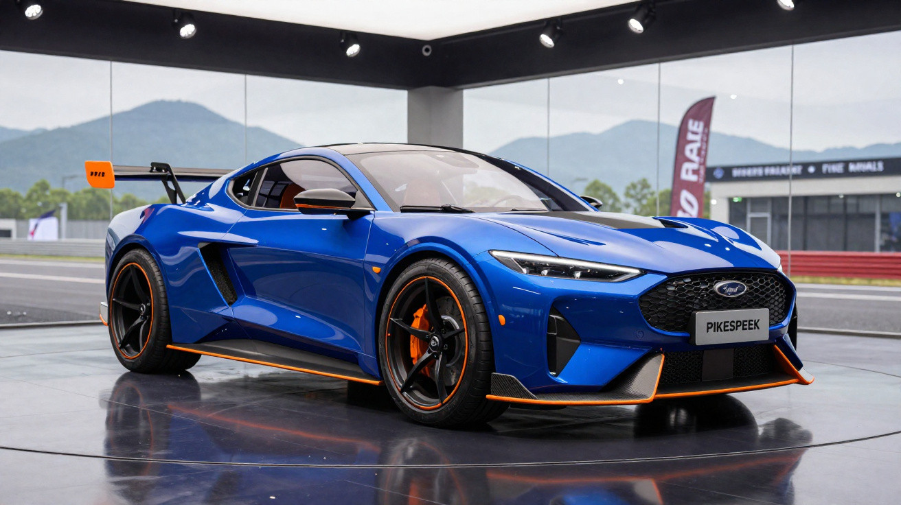 Carro desportivo azul Ford Mustang Pikes Peak exposto em ambiente com montanhas ao fundo.