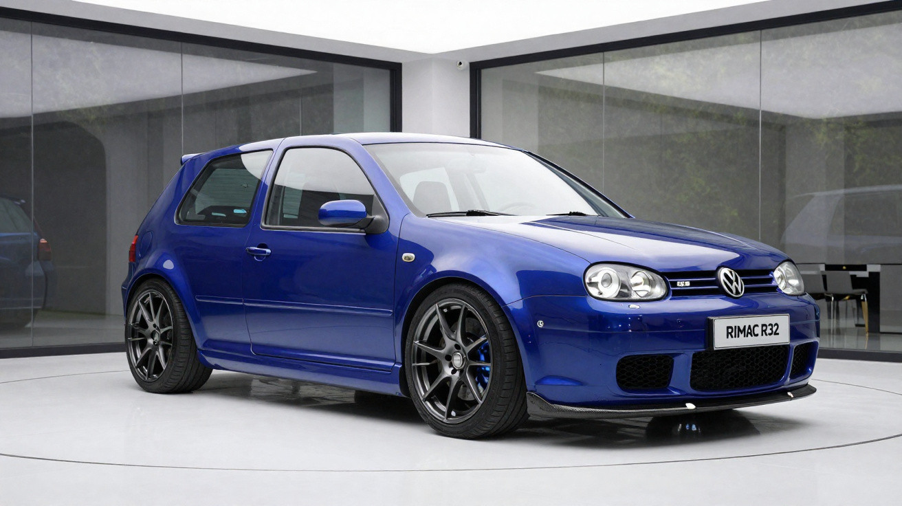 Carro desportivo azul Volkswagen Golf R32 com jantes pretas em exposição numa sala moderna e minimalista.