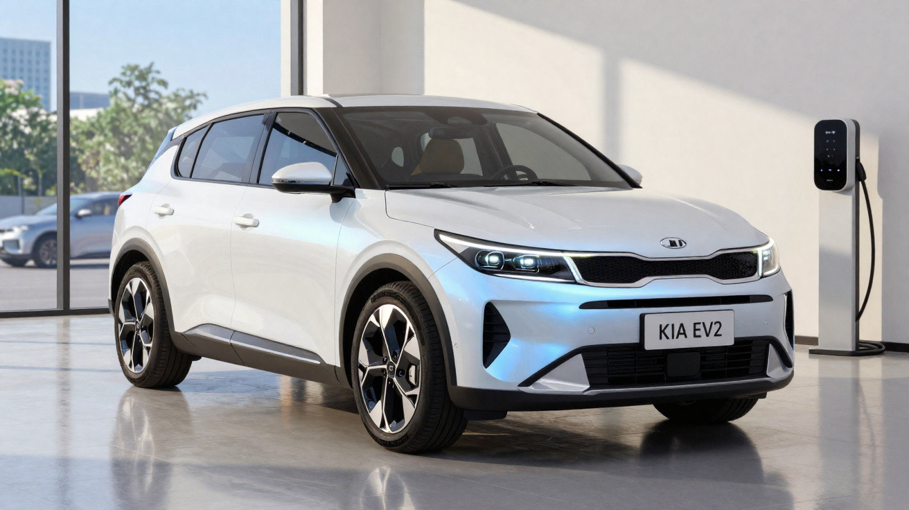 Carro elétrico branco KIA EV2 estacionado num espaço interior com carregador elétrico na parede.