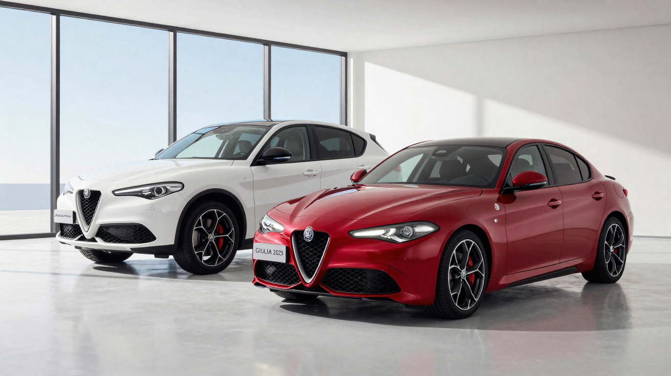 Dois carros Alfa Romeo, um SUV branco e um sedan vermelho, estacionados numa garagem moderna e iluminada.