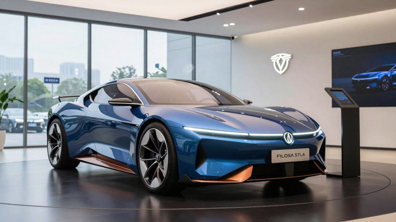 Carro desportivo azul com design futurista exposto em showroom moderno com grandes janelas.