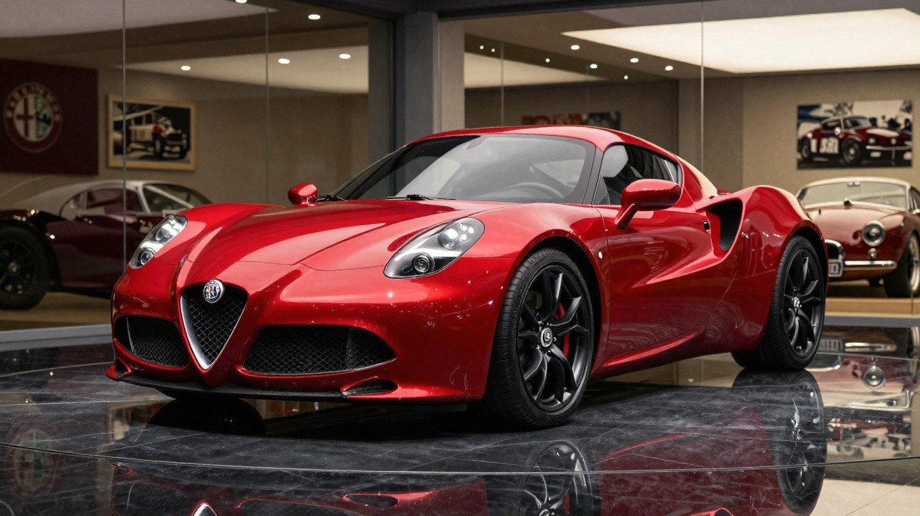 Carro desportivo vermelho Alfa Romeo 4C em exposição num salão com chão de mármore.