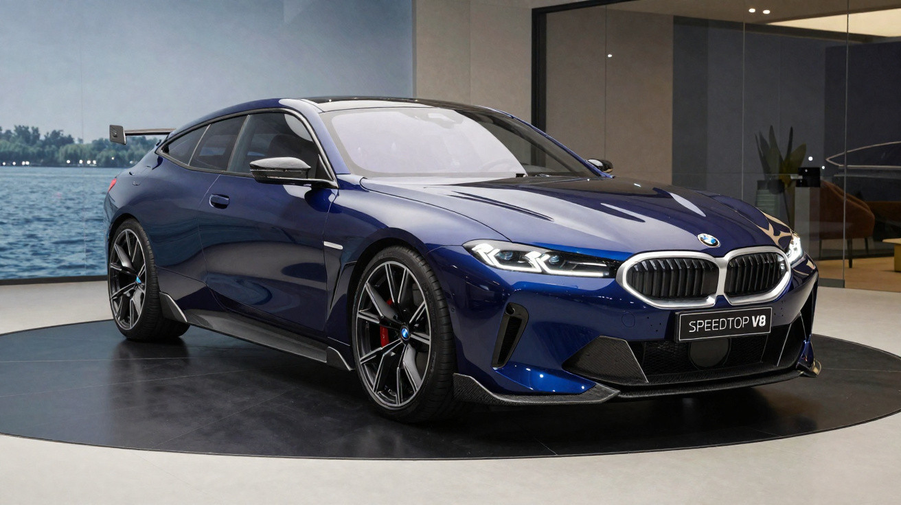 Automóvel desportivo BMW Speedtop V8 azul estacionado em exposição interior com vista para o mar.