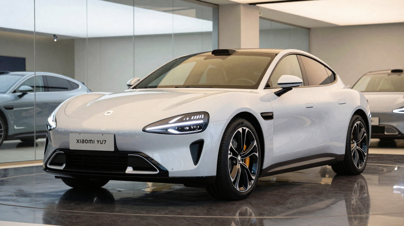 Carro elétrico branco Xiaomi YU7 exposto em showroom com piso refletor e paredes de vidro.