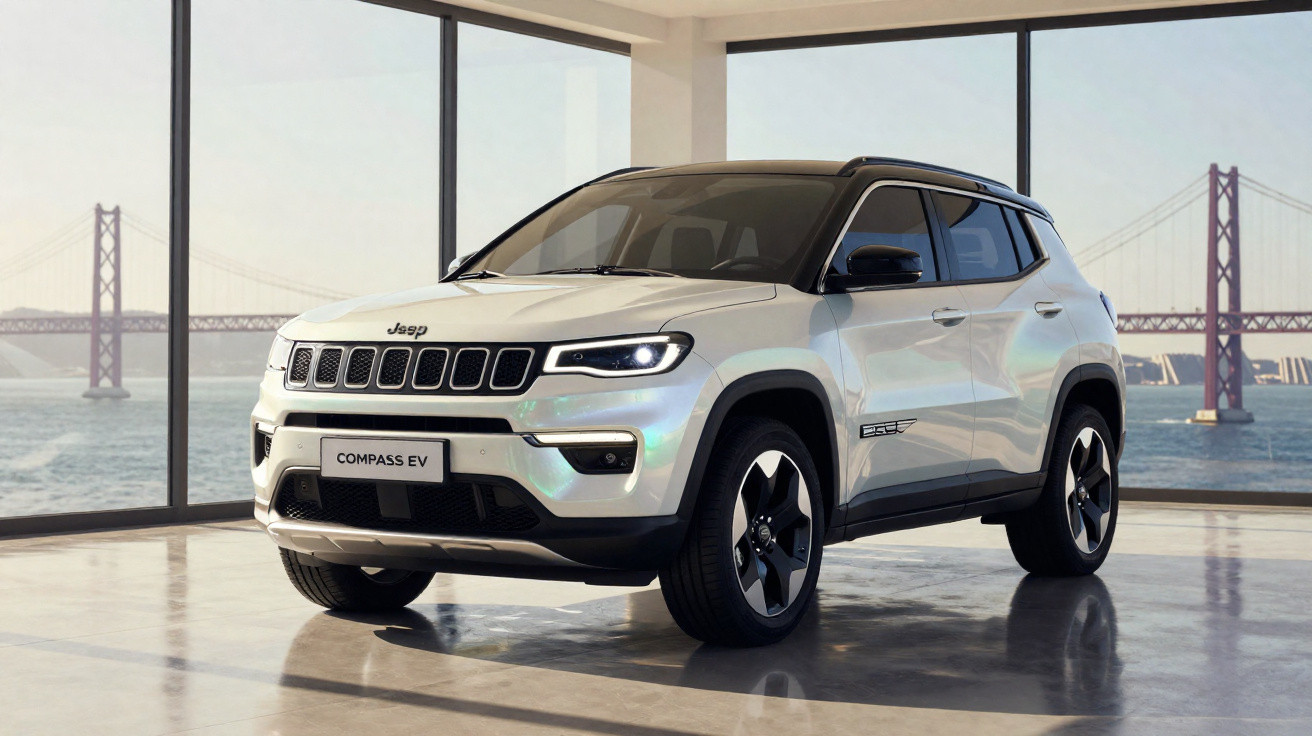 Jeep Compass EV branco em exposição interior com grande janela e ponte ao fundo.