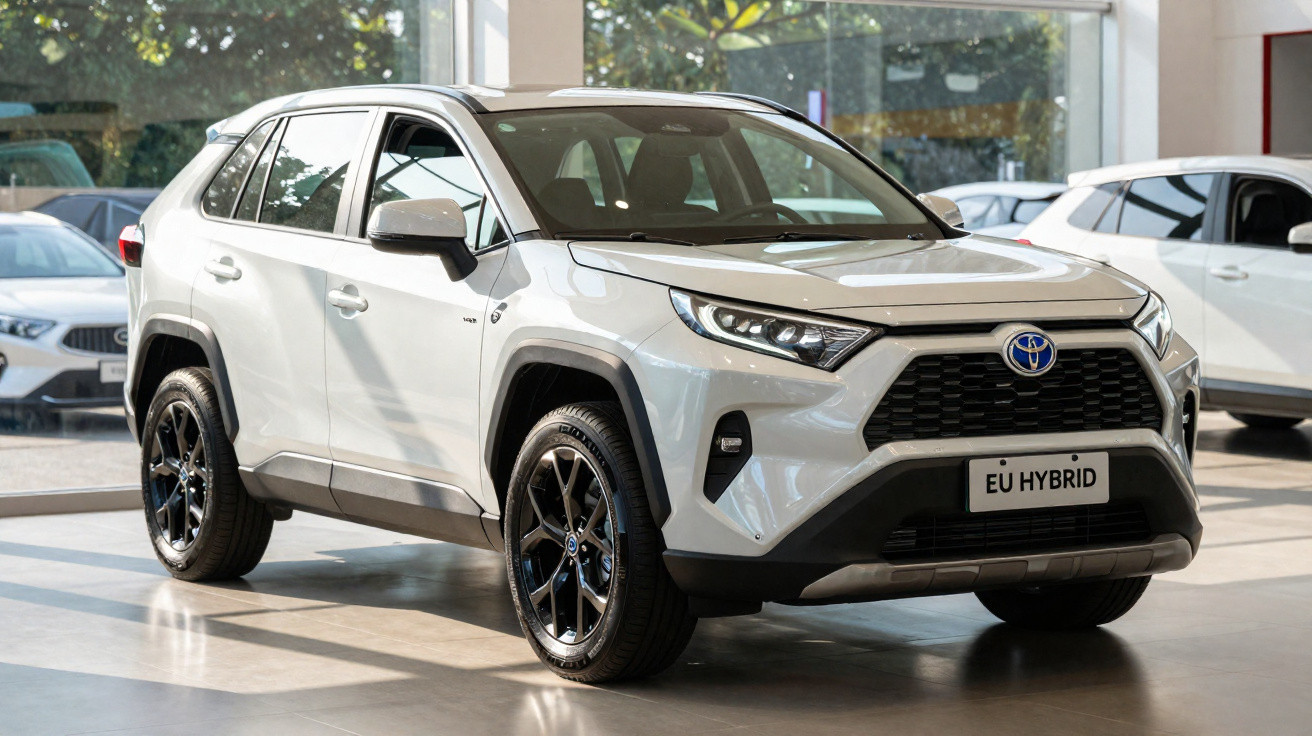 Carro SUV híbrido branco Toyota RAV4 estacionado numa garagem espaçosa e iluminada.