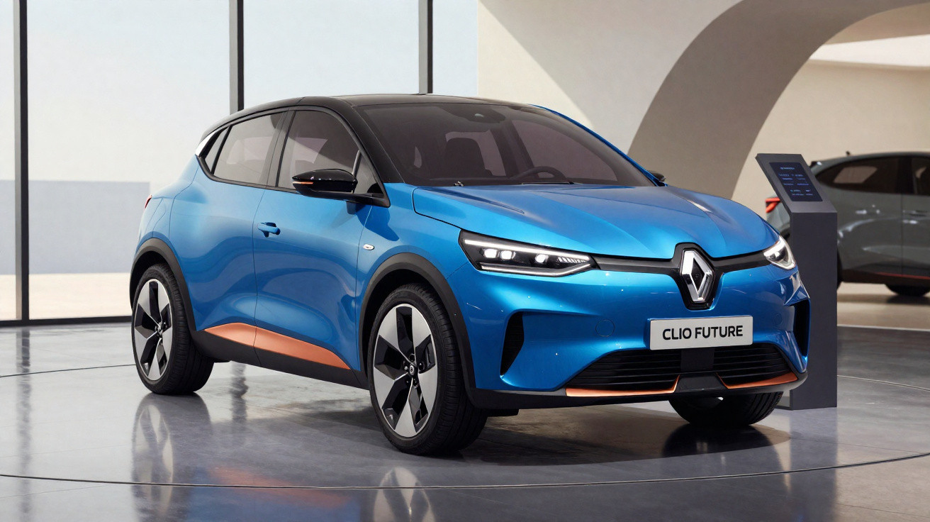 Renault Clio Future azul exposição salão moderno com jantes aerodinâmicas num espaço minimalista.