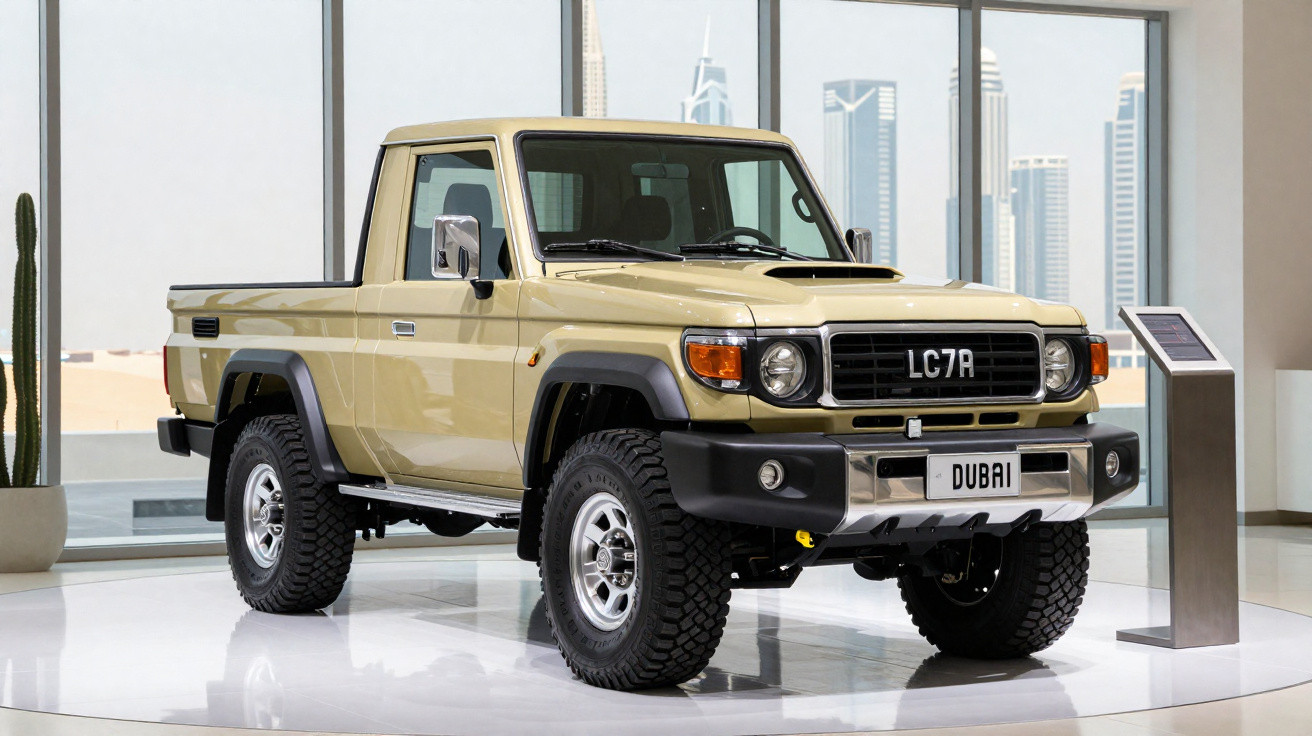Picape Toyota Land Cruiser 70 bege exposta num salão com vista para arranha-céus em Dubai.