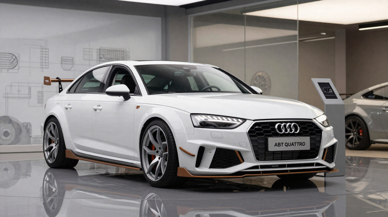 Carro desportivo branco Audi ABT Quattro com detalhes em bronze num showroom moderno e luminoso.