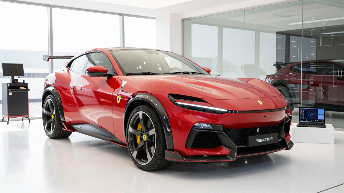 Carro desportivo Ferrari vermelho modelo Pugnator numa sala branca com janelas grandes.