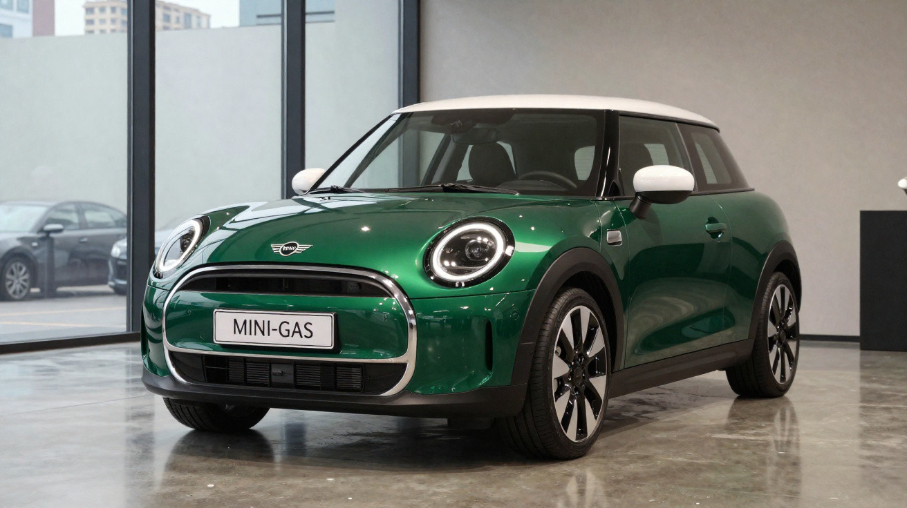 Carro MINI verde metálico com tejadilho branco exibido em showroom moderno.