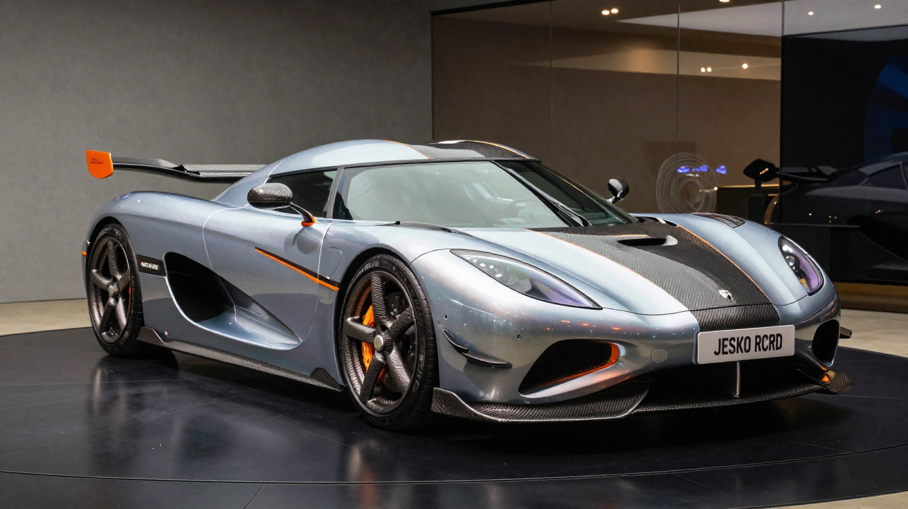 Carro desportivo Koenigsegg Jesko RCRD prateado com detalhes laranja, em exposição em showroom moderno.