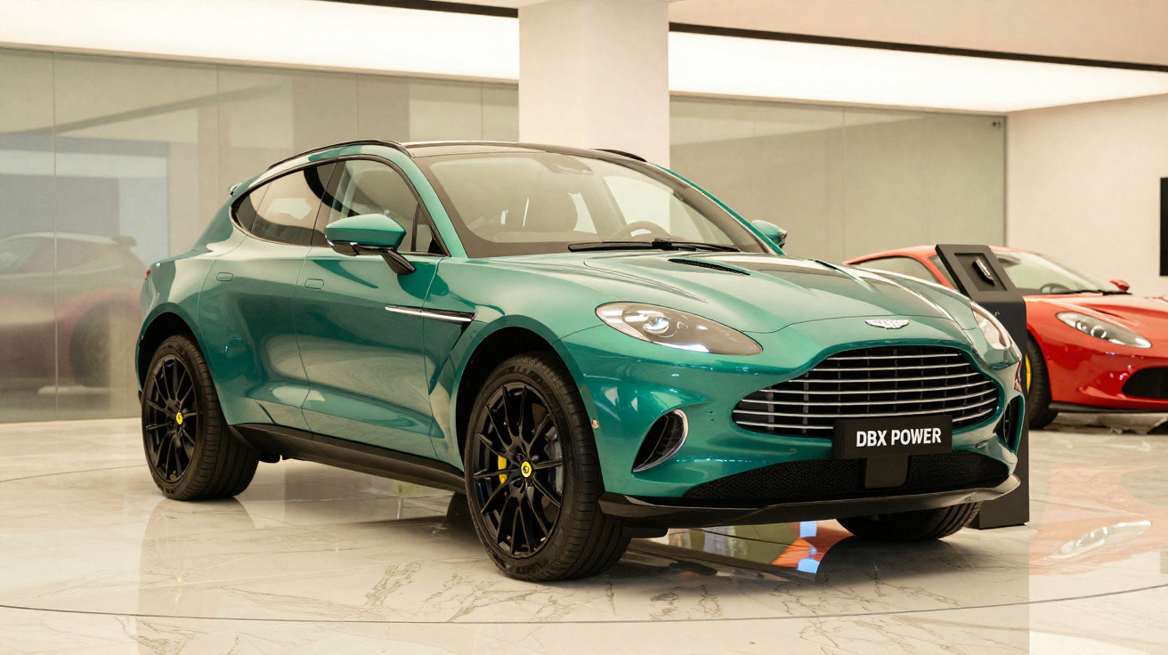 Carro esportivo Aston Martin DBX Power verde estacionado numa sala de exposição moderna.