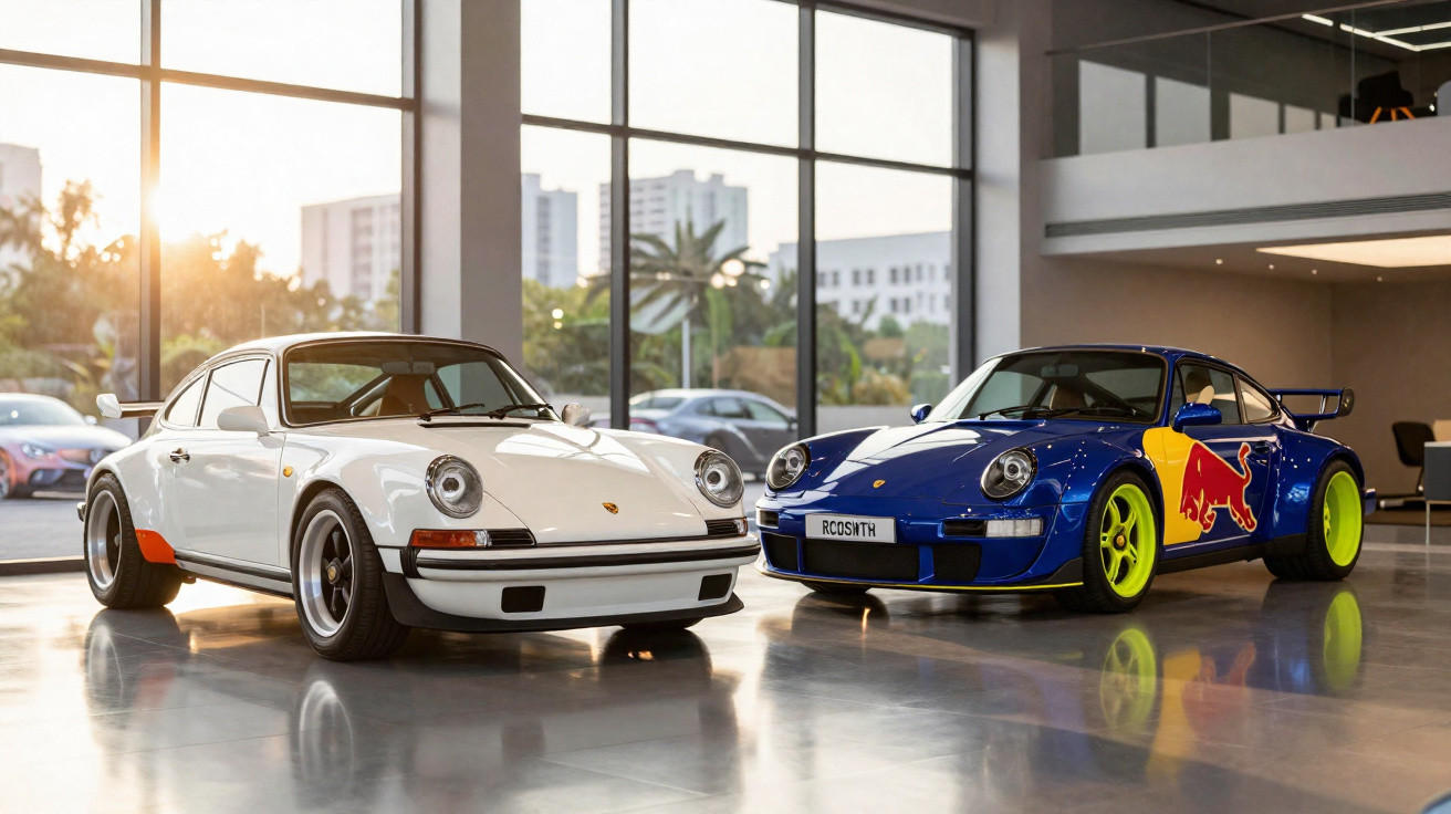 Dois carros Porsche clássicos, um branco e outro azul com logótipo da Red Bull, expostos em interior moderno.