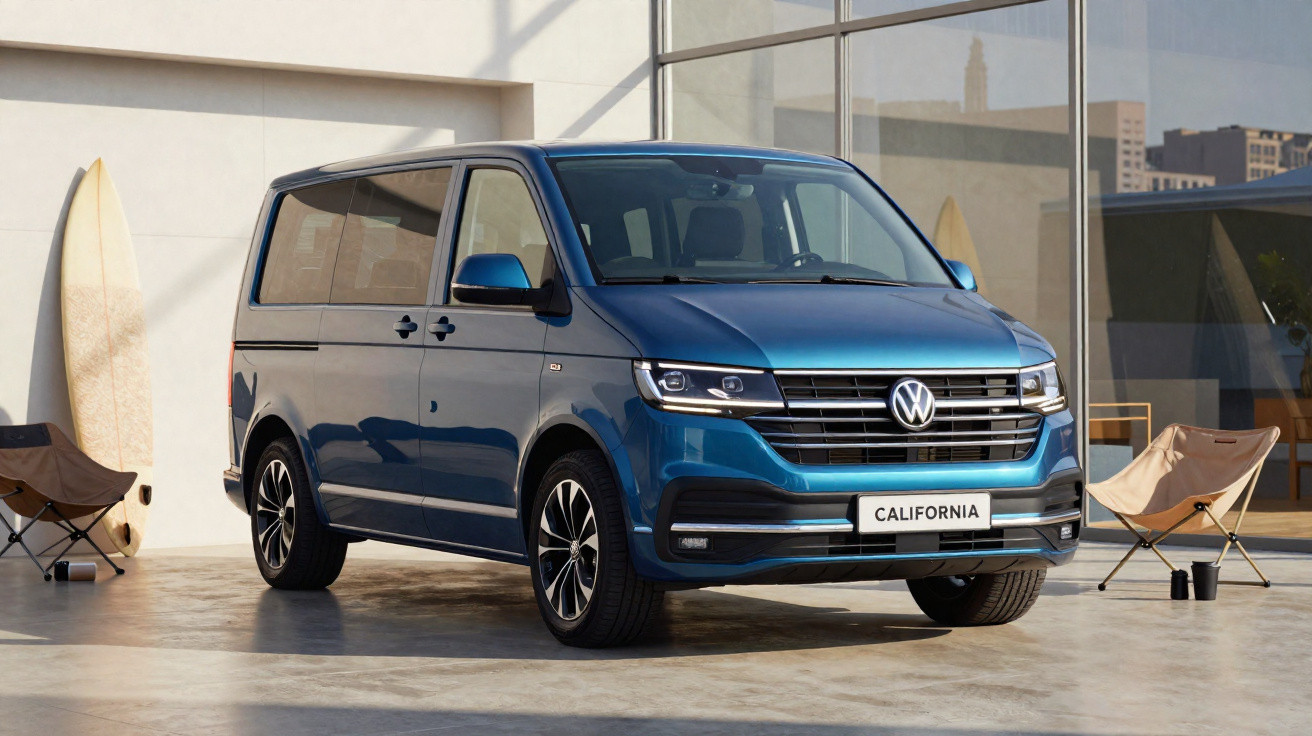 Carro Volkswagen California azul estacionado junto a prancha de surf e cadeiras dobráveis numa área ao ar livre.