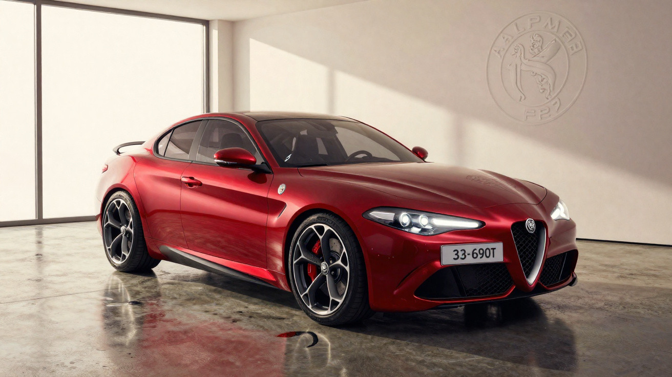 Carro desportivo Alfa Romeo vermelho estacionado com faróis acesos num espaço interior iluminado.