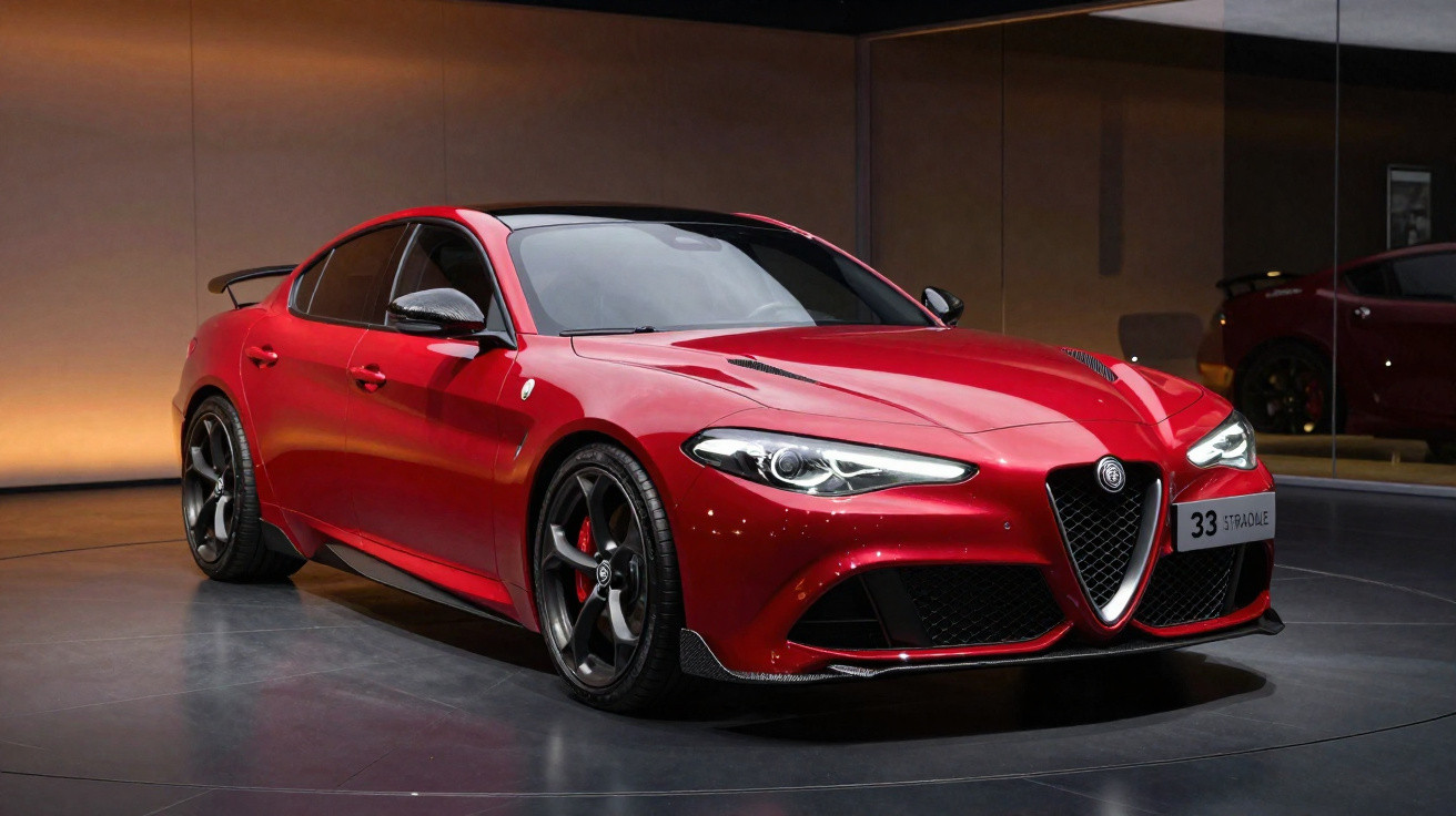 Carro desportivo Alfa Romeo Giulia Quadrifoglio vermelho, em exposição com iluminação ambiente.