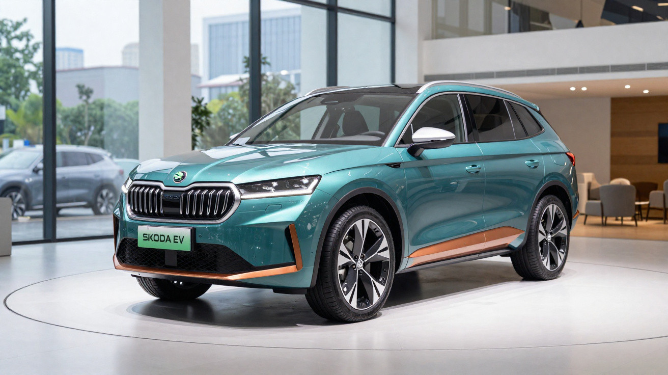 Automóvel elétrico Škoda EV verde azul em exposição num espaço interior moderno.