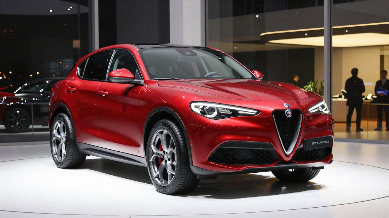 Carro Alfa Romeo Stelvio vermelho exposto em stand moderno com vidro ao fundo e pessoas em silhueta.