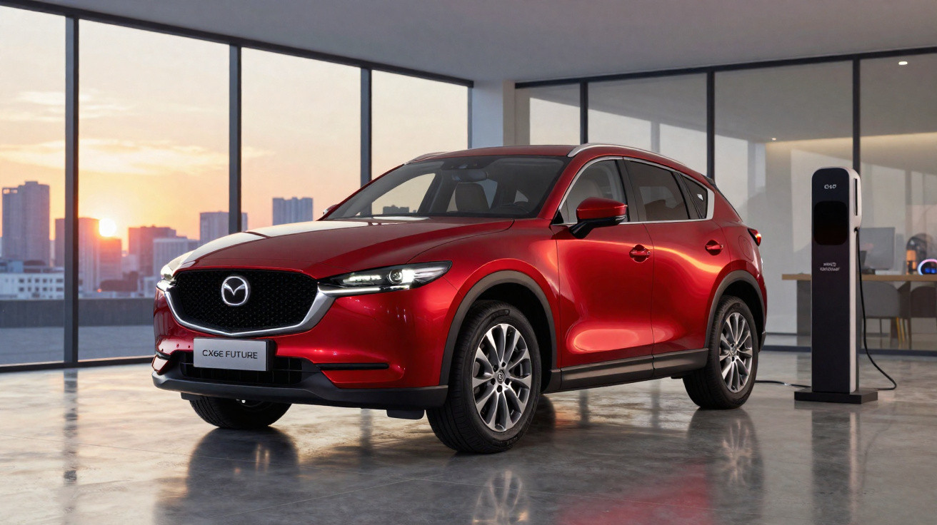 Carro elétrico Mazda CX-60 em vermelho estacionado num espaço moderno com carregador ao lado ao pôr do sol.