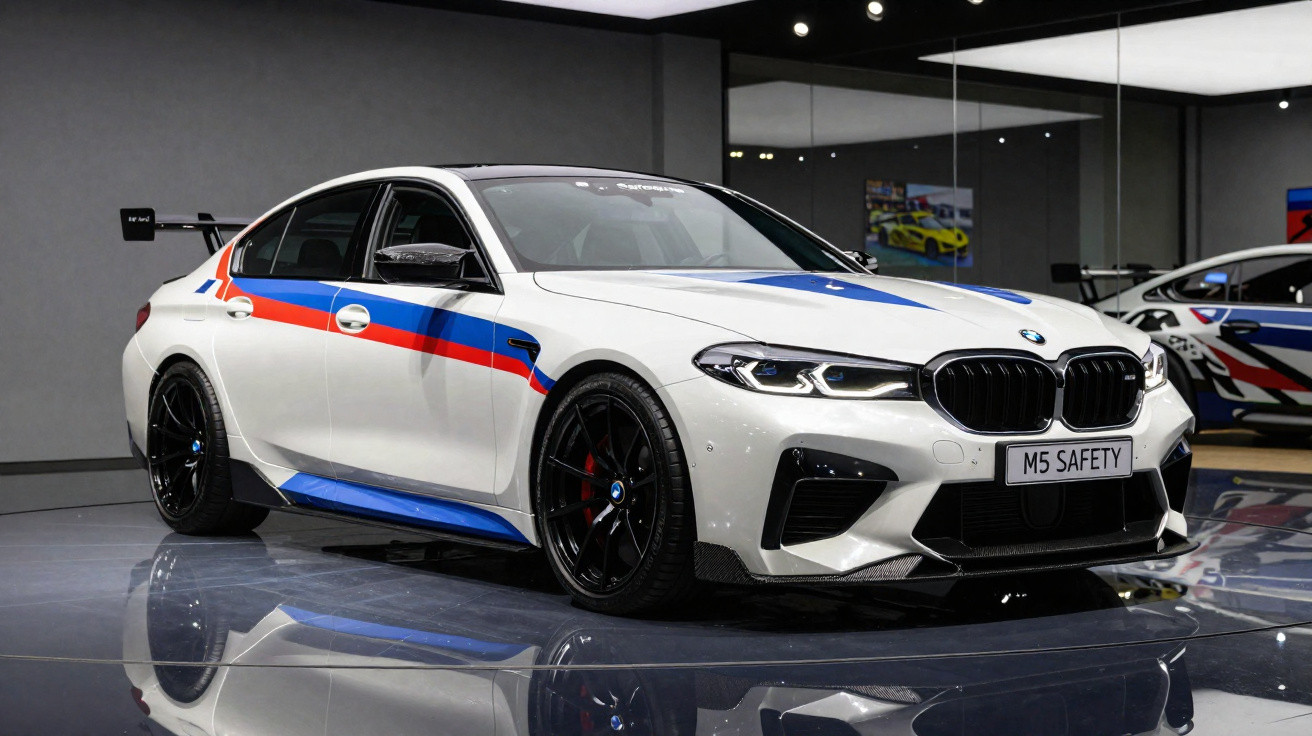 Carro desportivo BMW M5 Safety branco com detalhes azul e vermelho num espaço interior moderno.