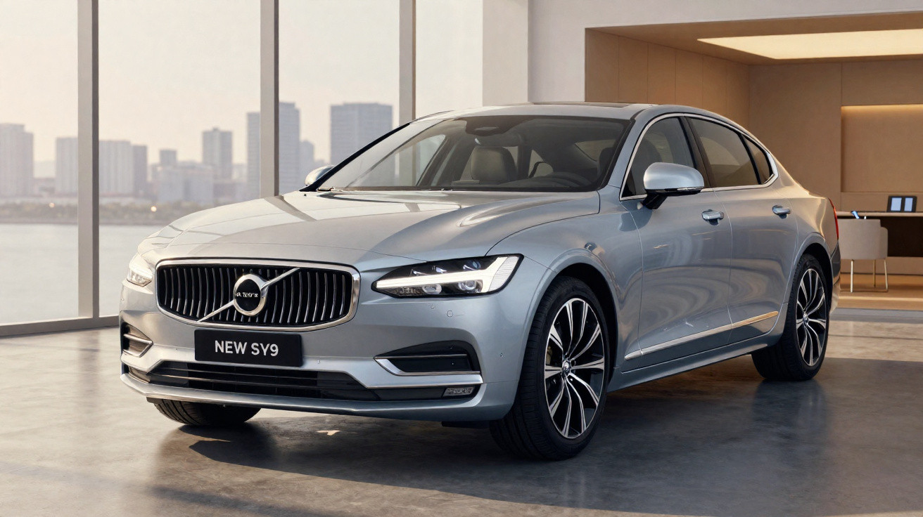 Automóvel cinzento Volvo New SY9 estacionado em interior moderno com vista urbana ao fundo.
