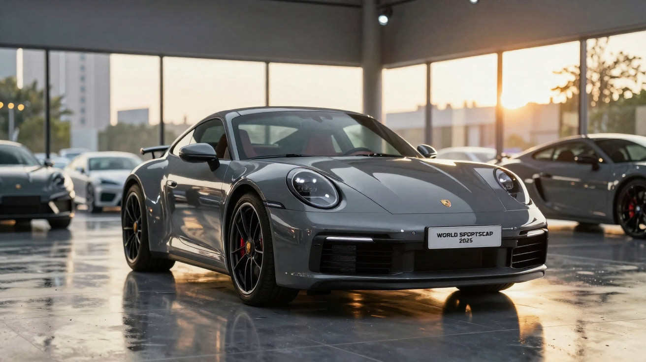 Carro desportivo cinza Porsche 911 estacionado em showroom com luz natural ao pôr do sol.