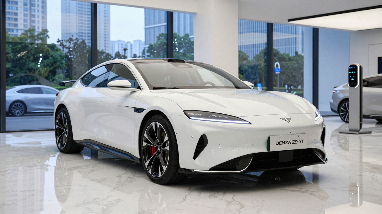 Carro elétrico branco Denza 29 GT estacionado em ambiente interior moderno com janelas de vidro.