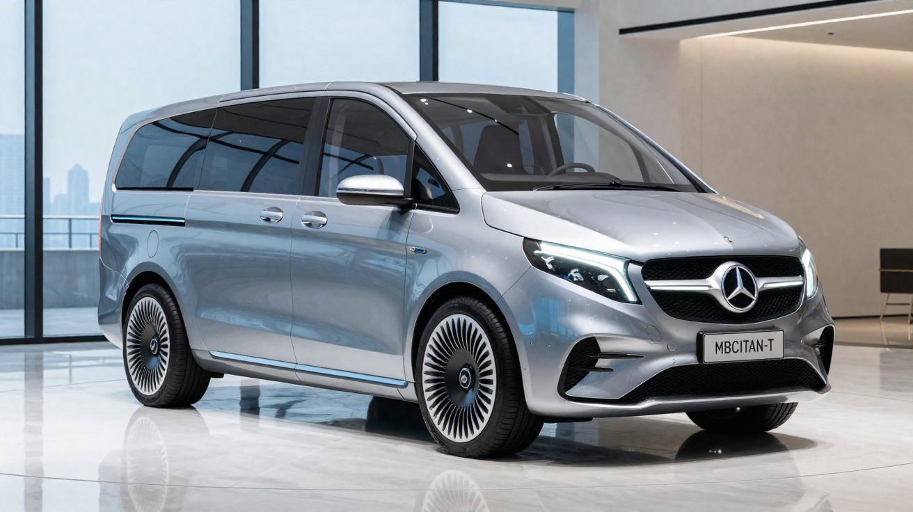 Carrinha Mercedes-Benz prata moderna estacionada num interior com janelas panorâmicas.