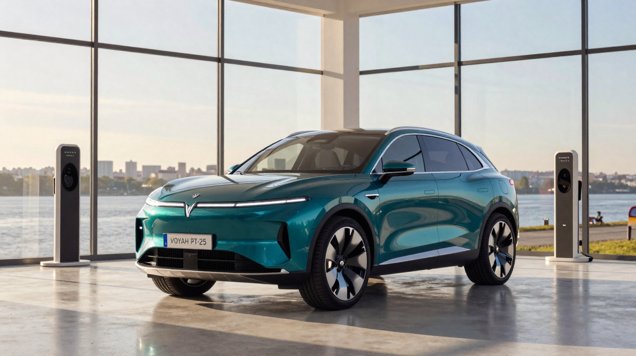 Carro elétrico Tesla azul estacionado num espaço coberto com vista para o rio e carregadores elétricos ao lado.