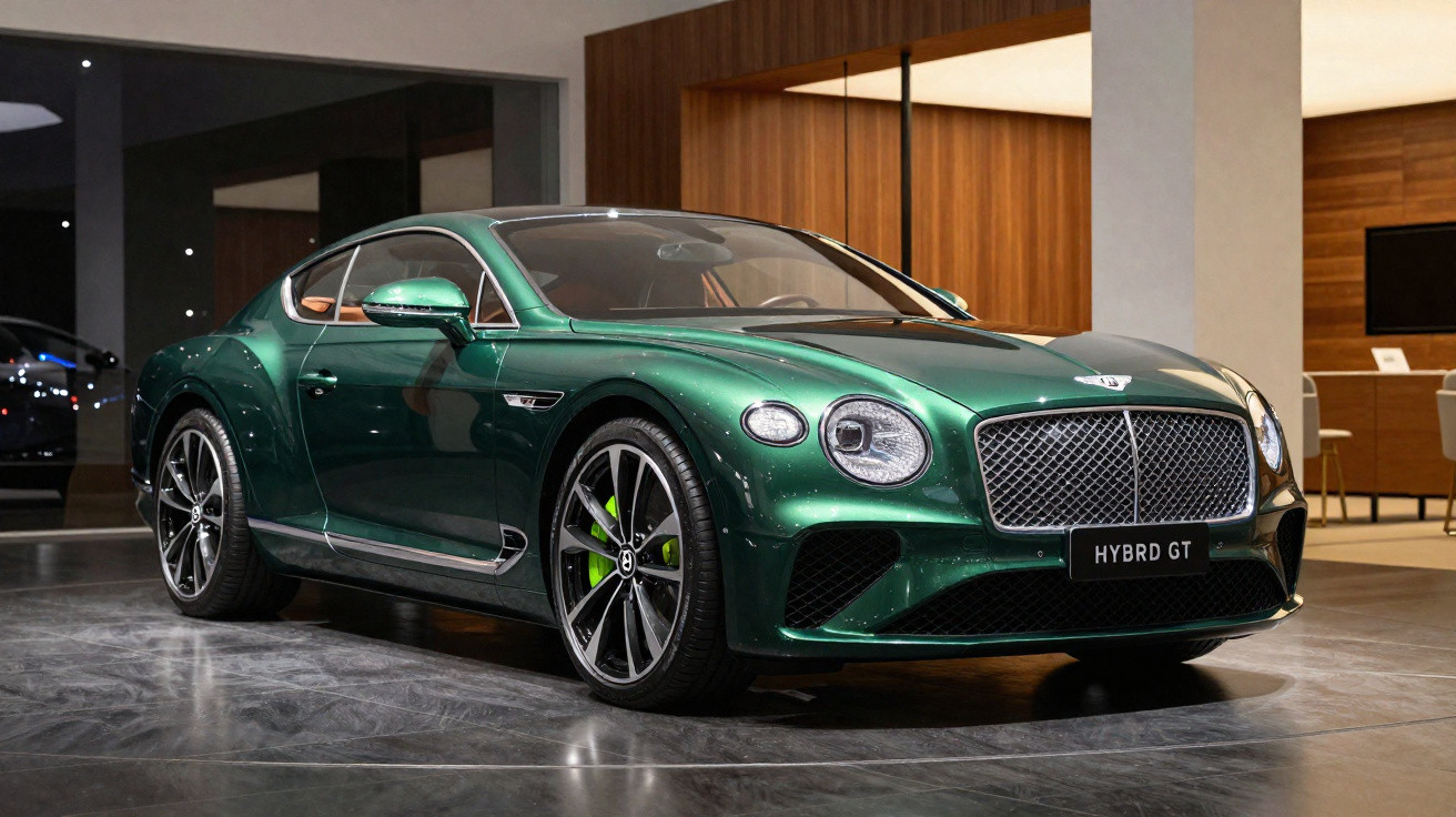 Carro desportivo Bentley híbrido verde estacionado em showroom moderno com paredes de madeira.