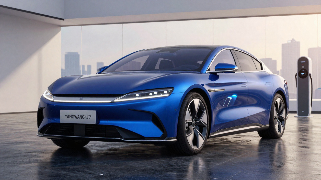 Carro elétrico azul Yangwang U7 estacionado num espaço moderno com posto de carregamento ao fundo.