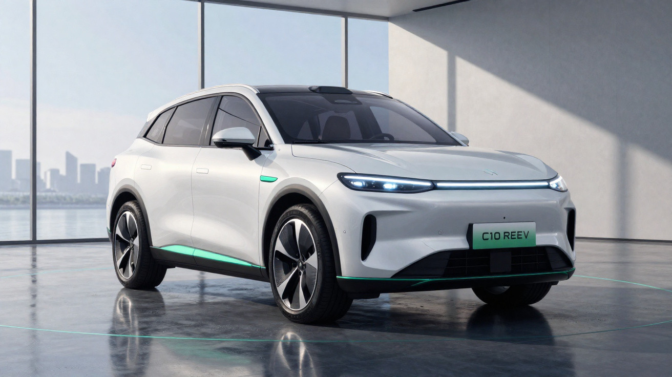 Carro elétrico branco moderno estacionado em espaço interior com grandes janelas e vista para cidade.
