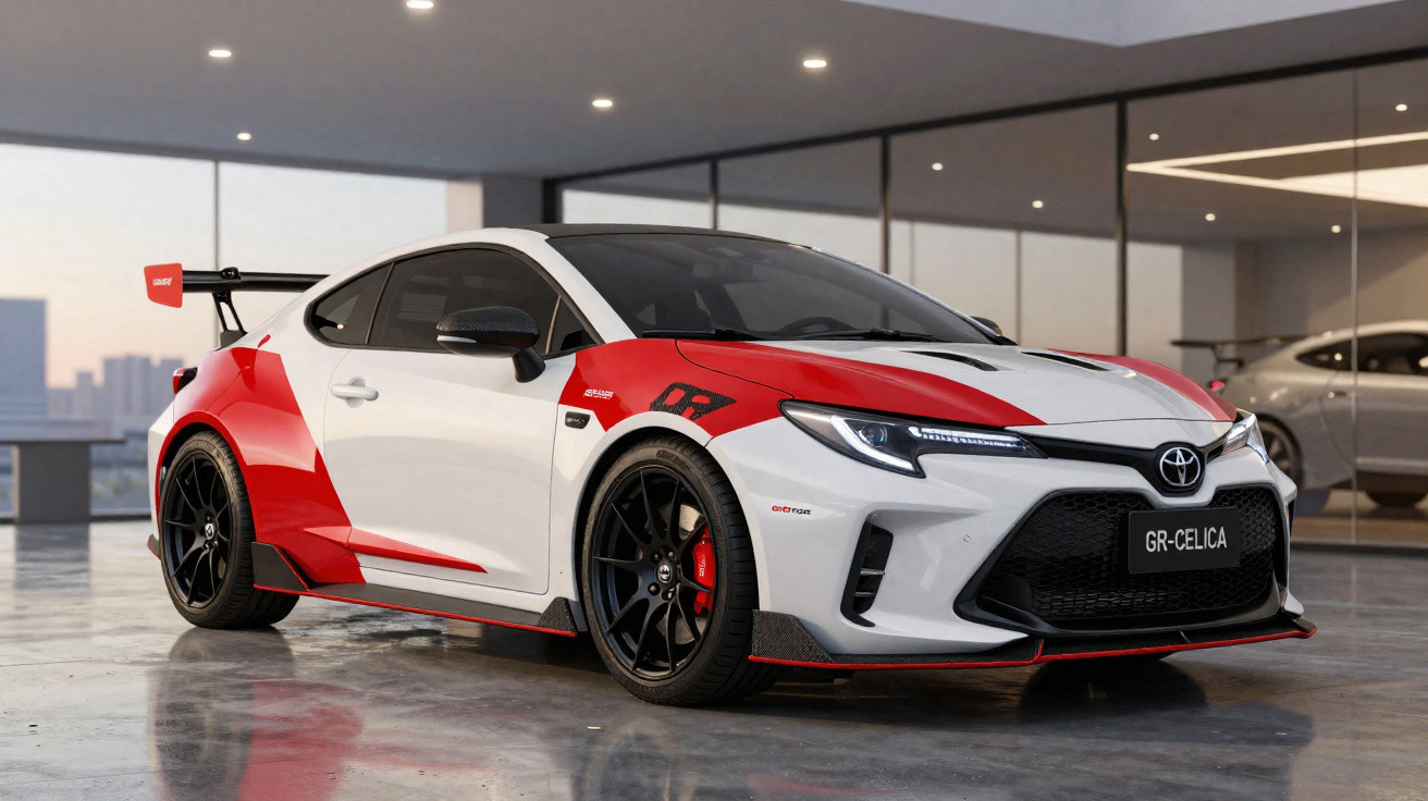 Cupê Toyota GR-Celica branco e vermelho com aerofólio, rodas negras e detalhes em vermelho, estacionado em interior moderno.