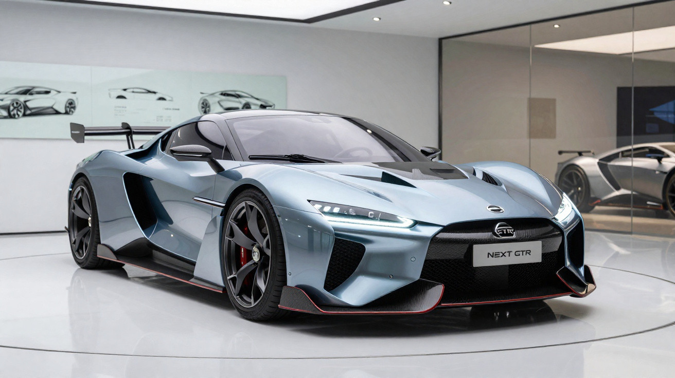 Carro desportivo azul metálico futurista numa sala de exposições elegante com luz natural.